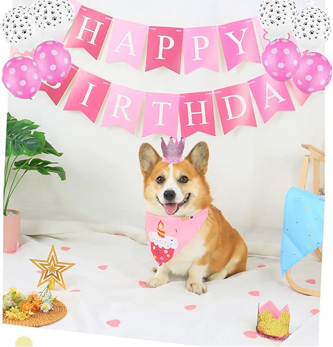 Petank Dog Birthday Party Decorations,Pet Birthday Party Supplies with Cute Pink Tutu Skirt Outfit,Happy Birthday Banner,Crown Hat for Dog Birthday Set (Pink)