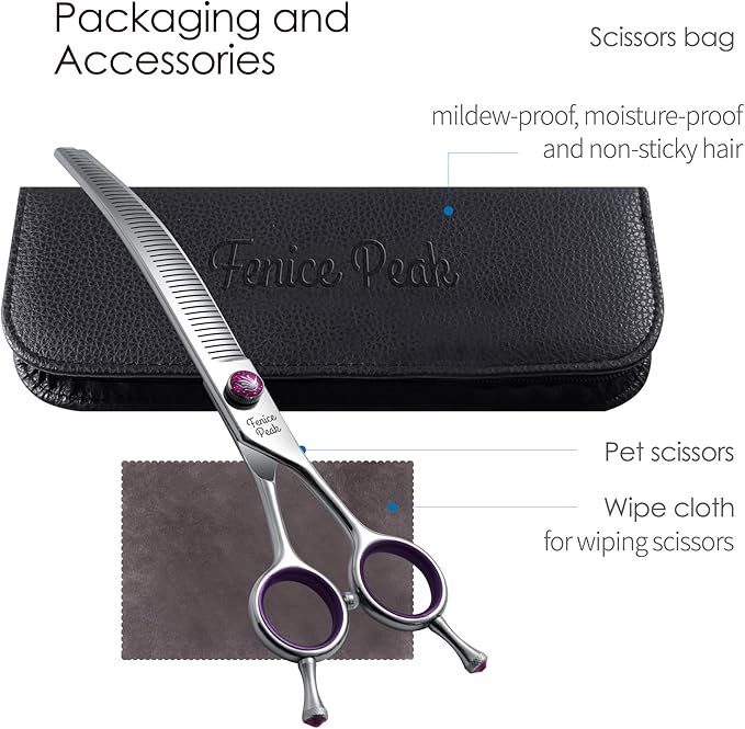 Fenice Peak 7.5'' Fluffy Dog Grooming Scissors Professional 440C Curved Thinning Shears 55% Thinning Rate and 30°Curved Sharp and Durable with Decorative Screws & Tails