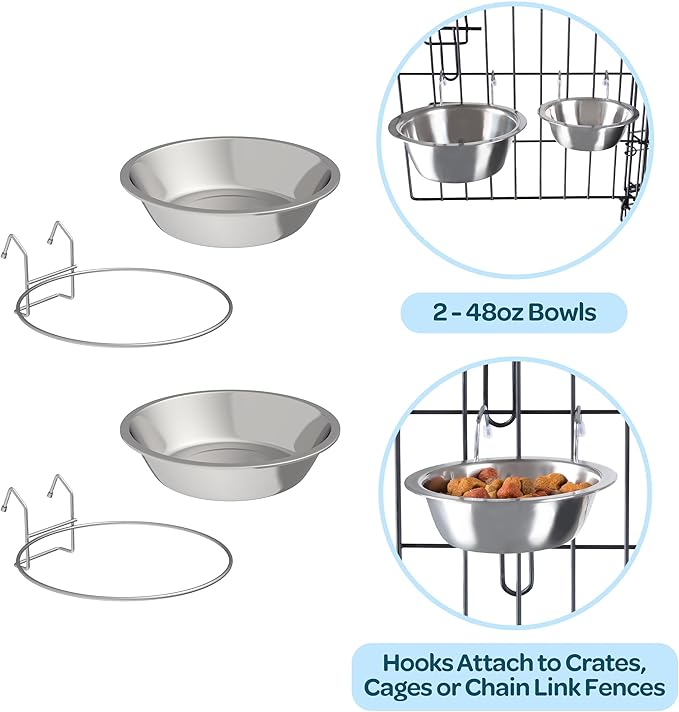 Set of 2 Stainless-Steel Dog Bowls - Cage, Kennel, and Crate Hanging Pet Bowls for Food and Water - 48oz Each and Dishwasher Safe by PETMAKER