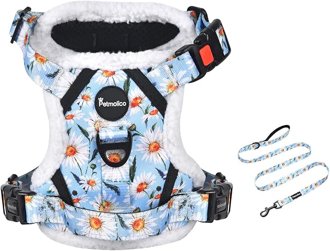 Petmolico Floral Dog Harness and Leash, No Pull Fleece Dog Harness with 2 Leash Clips and Easy Control Handle for Small Dogs, Small Daisy
