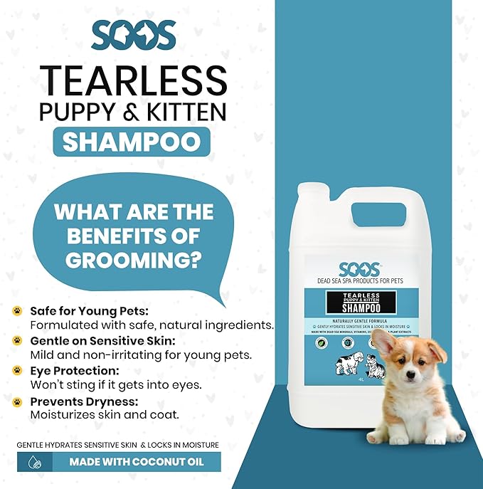 Soos Pets Pet Shampoo Natural Dead Sea Tear-Less Fast Absorbing with Vitamins Minerals Essential Oils Natural Elements for Puppy and Kitten - 1x Pet Shampoo (4L / 1.32 gal)