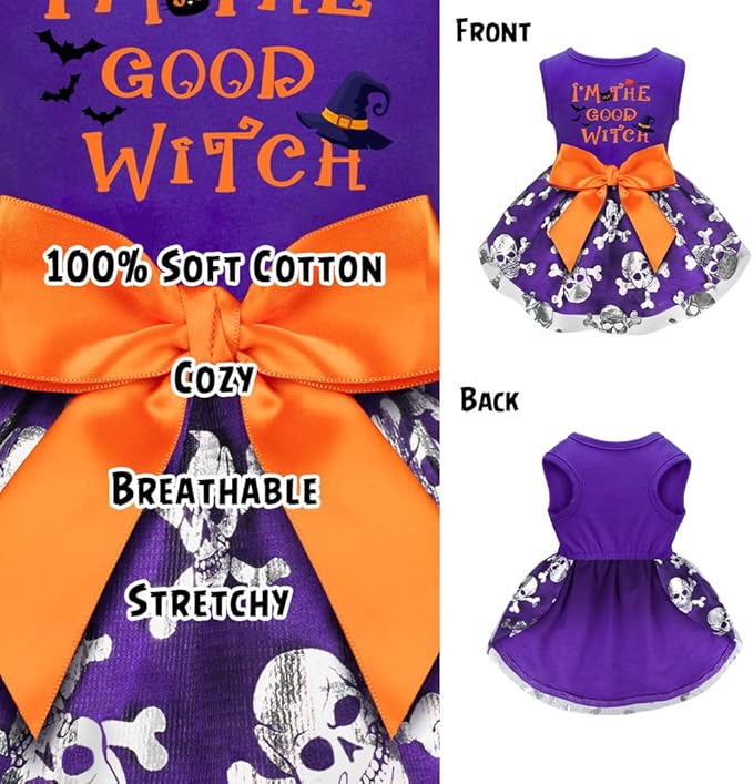 Funny Puppy Dress with Bow - Small to Large Dogs, Pumpkin Witch Bat Pet Costume for Halloween & Christmas (X-Small, Good Witch2)