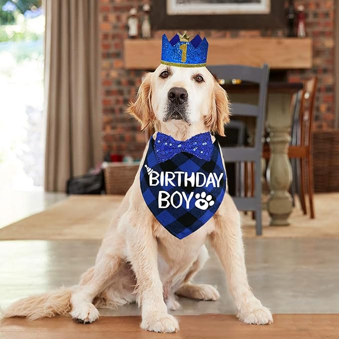 STMK Dog Birthday Party Supplies, Multi Size Dog Birthday Hat with Numbers Bandana Bow Tie for Medium Large Dogs Pets (Blue, Large)