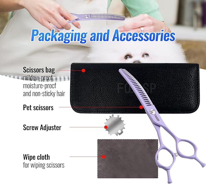 Curved Chunkers Dog Grooming Scissors 7.5" Macarone Series Professional Pet Grooming Shears for Large Dogs Pets Japan 440C Stainless Steel Sharp & Durable(Purple, 30Teeth Curved Thinners)