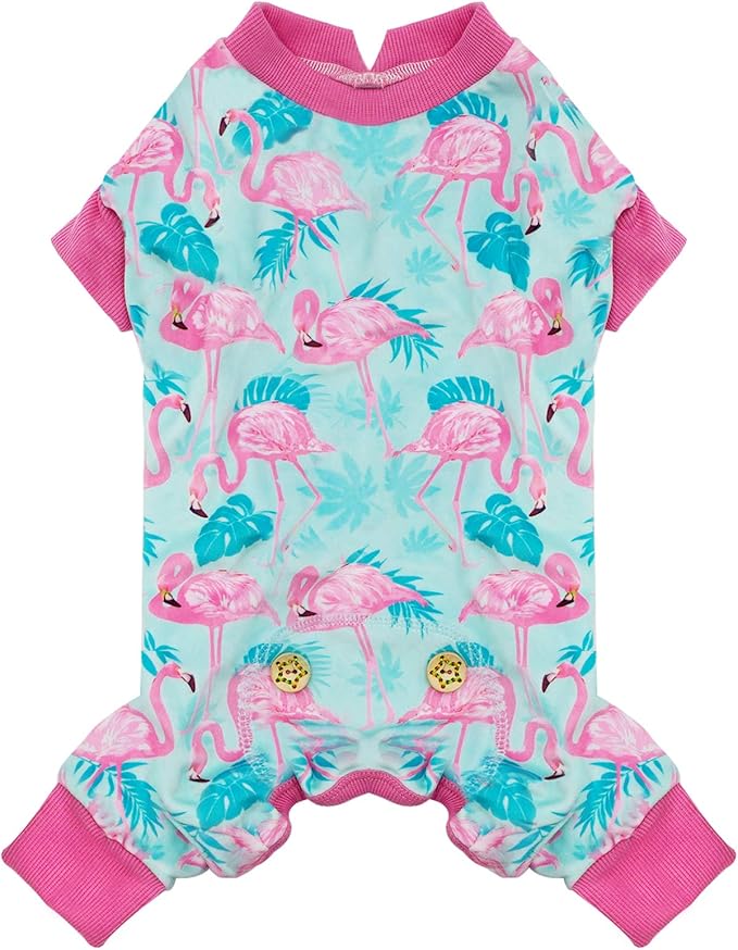KYEESE Dog Pajamas Stretchy Pet Jammies Coat Comfy Pet Onesie Costume Velvet Dog Pajamas Small Sized Dogs Soft Dogs Clothes Pjs with Flamingo Pattern, Large