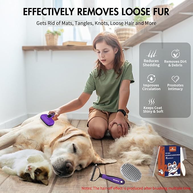 5 PCS Dog Grooming Brush Kit – Self Cleaning Slicker Brush for Shedding Short & Long Haired Dogs & Cats. Removes Loose Fur, Undercoat, Mats, Tangles for Small, Medium & Large Pets. Purple