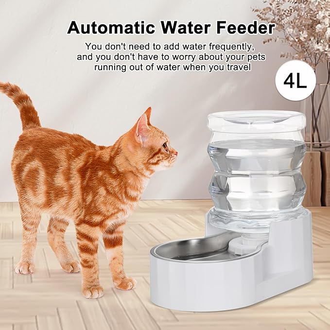 RIZZARI Automatic 4L Pet Waterer, Gravity Stainless Steel Water Dispenser, 100% BPA-Free, Large Capacity Water Feeder for Cats and Small and Medium-Sized Dogs