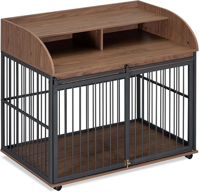 Merax 44" Heavy Duty Large Medium Dog Crate, Wooden Metal Kennel Pet Cage with Lockable Wheels & End Table Double Layer Storage Indoor Furniture, Brown