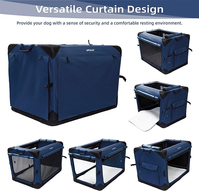 Pettycare 26 Inch Collapsible Dog Crate with Curtains Travel Dog Crate for Airflow and Calm Soft Pet Kennel with Portable Bag and More Chew Proof Mesh Indoor & Outdoor Navy Blue 4 Door Curtains