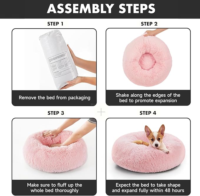 OhGeni Calming Donut Dog & Cat Bed Pillow, Machine Washable Plush Warming Bed, Anti-Slip Round Cuddle Comfort Pet Bed, Pillow Design Cozy Fluffy Faux Fur Bed for Small Medium Dogs, Pink, 23 inches