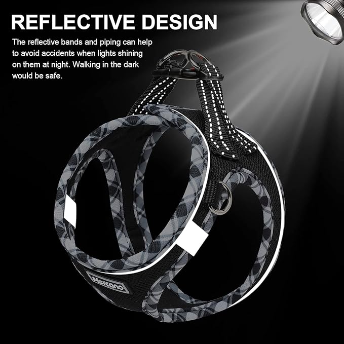 Mercano Soft Mesh Dog Harness and Leash Set, No-Chock Step-in Reflective Breathable Lightweight Easy Walk Escape Proof Vest Harnesses with Safety Buckle for Small Medium Dogs, Cats (Black White, L)