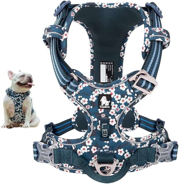La La Pet® Floral No Pull Dog Harness Reflective Dog Vest Harness with Front & Back 2 Leash Clips and Easy Control Handle for Small Medium Large Dogs 3 Snap Buckles Easy to Put On & Take Off