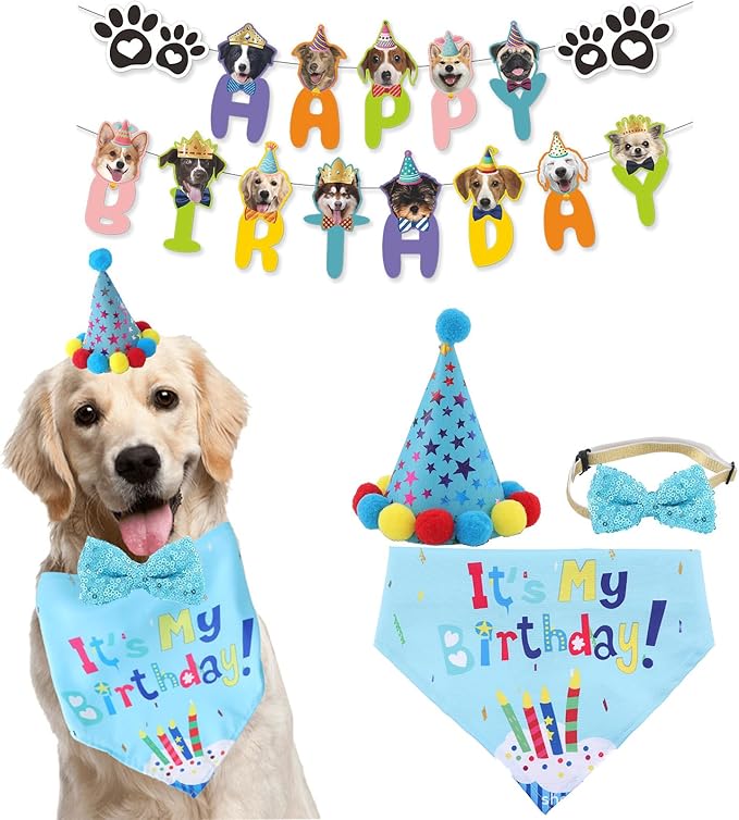 Dog Boy Birthday Party Outfits,Birthday Hat, Bow Tie, Bandana, Happy Birthday Banner,Puppy Pet Theme Decorations Suit for Golden Doodle Teddy Husky Labrador (4PCS Blue)