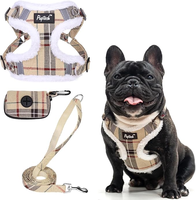 PUPTECK No Pull Dog Harness and Leash Set Reflective No Choke Step in Puppy Halter for XS Small and Medium Sized Dogs, Beige Plaid, Plush, L