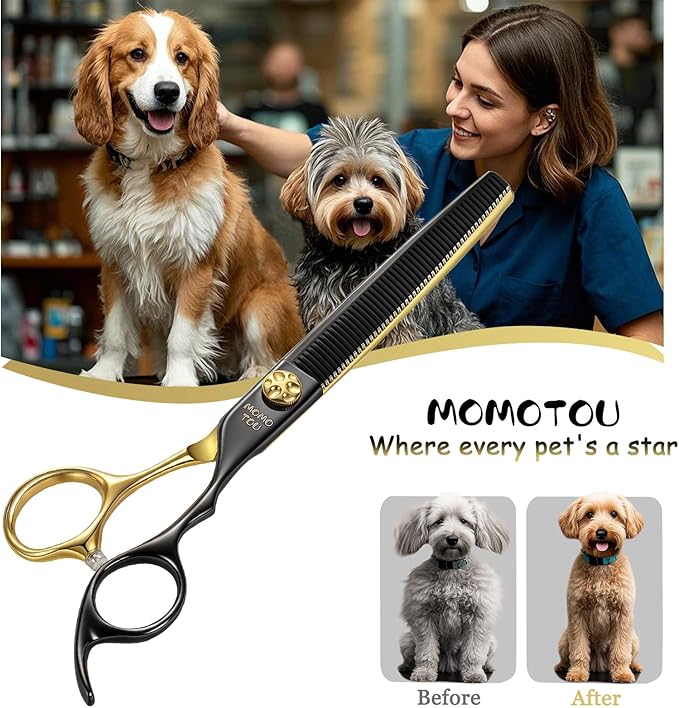 Black & Gold Professional Thinning Dog Grooming Scissors with Decorative Screw Sharp and Durable Japanese 440C Stainless Steel Pet Cat Texturizing Thinner Shears with Safe Round Tip 7''