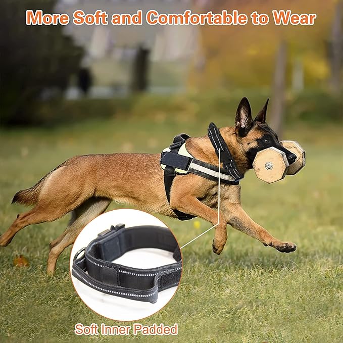 KCUCOP Tactical Dog Collar, Heavy Duty Dog Collar with Handle and Metal Buckle, Military Thick Dog Collars for Medium and Large Dogs(Black-M-Reflective, 1 Patch)