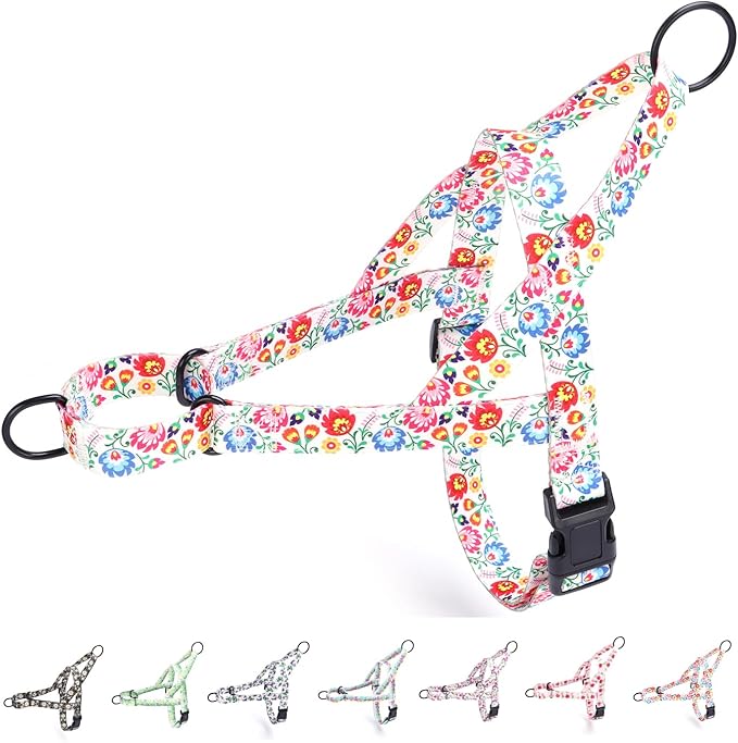 No Pull Dog Harness for Small, Medium, and Large Pets - Floral Pattern Nylon Safety Training Dog Harness (S, White)