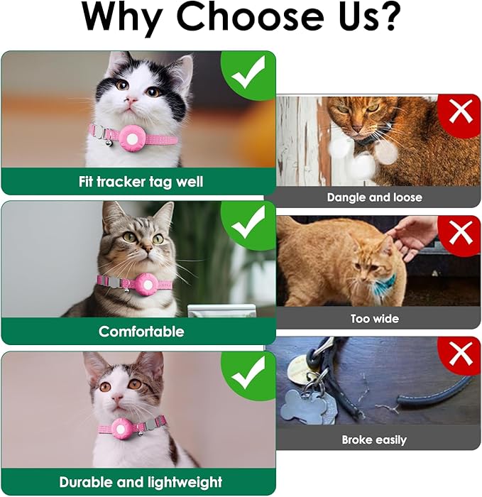 Cat Tracker, Waterproof Pet Tracker for Cats, Cat Tracker Collar with Safety Elastic Buckle, Works with Any Collar,Compatible with Apple Find My App (Only iOS) not for Android, No Monthly Fee, Pink