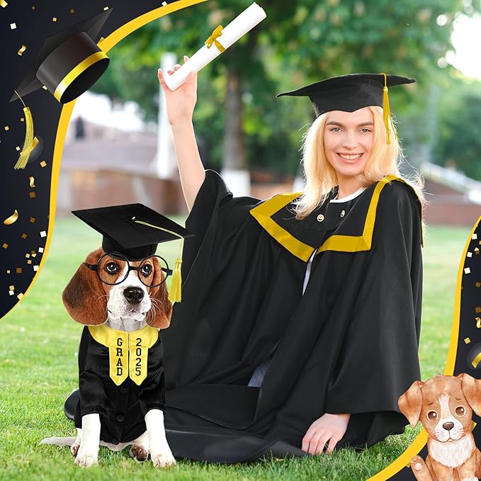 5 Pcs Dog Graduation Costume Set Include 2025 Pet Graduation Gown with Stole Puppy Grad Cap Lensless Glasses DIY Letter Stickers for Dogs Cats Holiday Costume Accessory(Black Yellow,L)