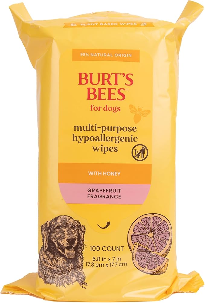 Burt's Bees for Pets Multipurpose Dog Wipes with Honey, Grapefuit Fragrance, 98% Natural Origin Formulas, Hypoallergenic Dog Wipes Cleaning, Dog Cleaning Wipes, Dog Wipes for Paws and Butt, 100ct