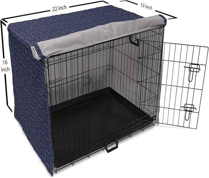 Ambesonne Abstract Geometry Dog Crate Cover, Style Motifs in Squares Rhythmic Arrangement, Easy to Use Pet Kennel Cover for Small Dogs Puppies Kittens, 22 Inch, Blue White