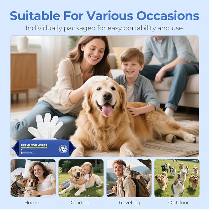 Pet Cleaning Glove Wipes for Dogs & Cats, Hypoallergenic Deodorizing Disposable No-Rinse Grooming Wipes, Wipes, Perfect for Pet Dry Cleaning, Daily Care and Travel, Coconut Scent, 48 pcs