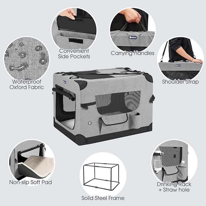 Veehoo 30 inch Folding Soft Dog Crate, 4-Door Portable Collapsible Pet Kennel Travel Dog Crate for Medium Dogs, 5 x Durable Mesh Screen, 600D Oxford Fabric, Indoor & Outdoor Use, Grey, CWB2428CP
