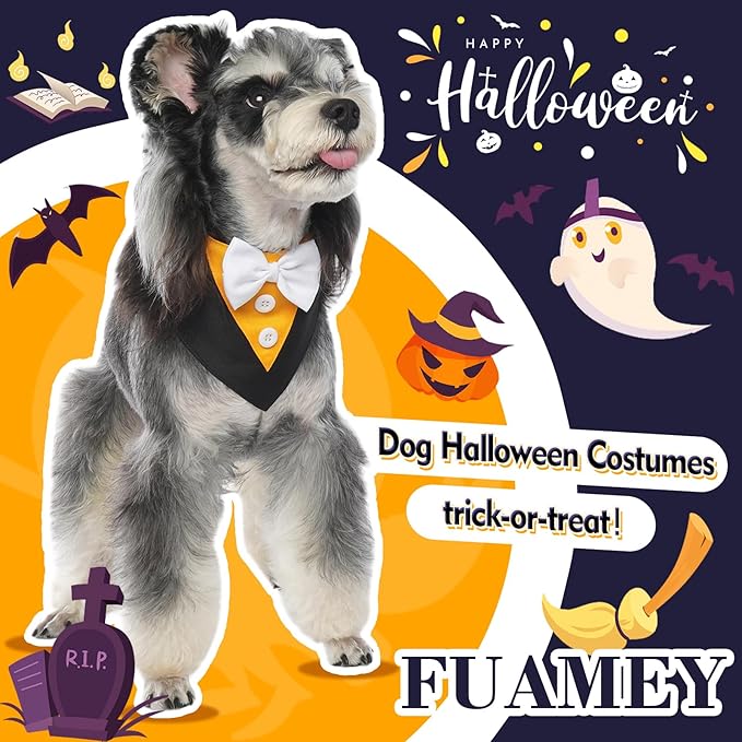 FUAMEY Tuxedo Bandana Collar With Bow Tie - Dog Wedding Attire, Birthday Costume, Valentines Cosplay for Small Medium Large Pets - Adjustable Pet Party Tux for Halloween L