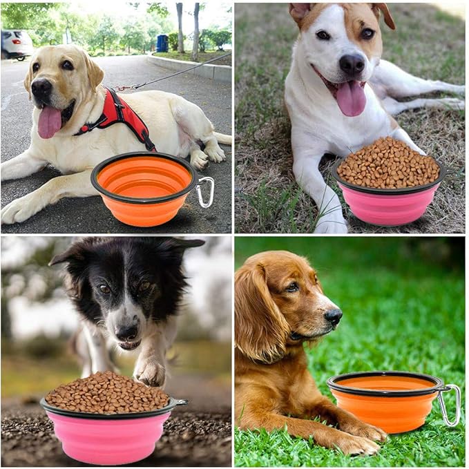 Dog Bowl Pet Collapsible Bowls, 2 Pack Collapsible Dog Water Bowls for Cats Dogs, Portable Pet Feeding Watering Dish for Walking Parking Traveling with 2 Carabiners (Large, Orange+Pink)