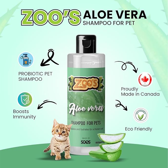 Zoo’s Pet Aloe Vera Shampoo for Dogs and Cats - Fast Absorbing, Moisturize Skin & Fur for Stronger, Thicker Coat - Remove Dead Skin Cells - 500ml
