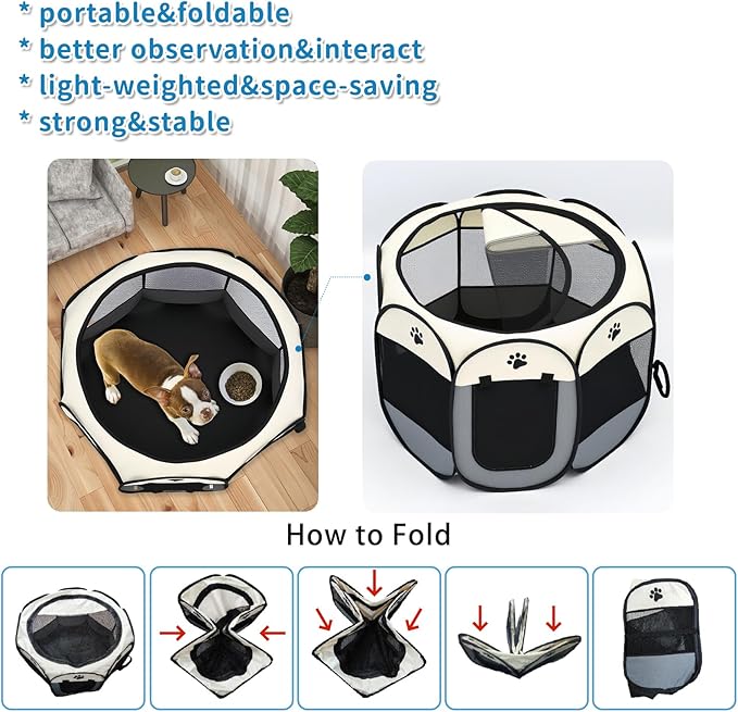 Dog Play Pen Portable Cat House Easy Assemble Pet Indoor/Outdoor Security Cage Brown-M