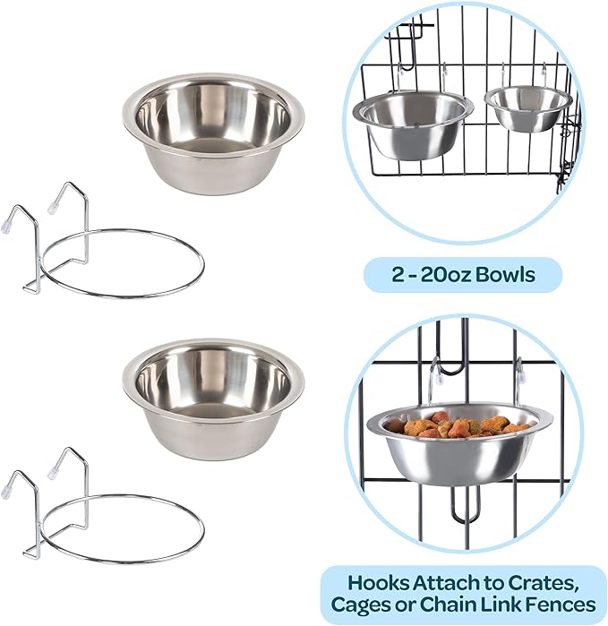 Set of 2 Stainless-Steel Dog Bowls - Cage, Kennel, and Crate Hanging Pet Bowls for Food and Water - 20oz Each and Dishwasher Safe by PETMAKER,Silver