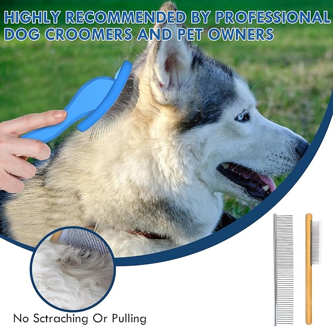 Blue Slicker Brush for Medium to Large Pets - Long Pin Grooming Tool Removes Loose Hair, Tangles and Knots, Includes Free Pet Comb