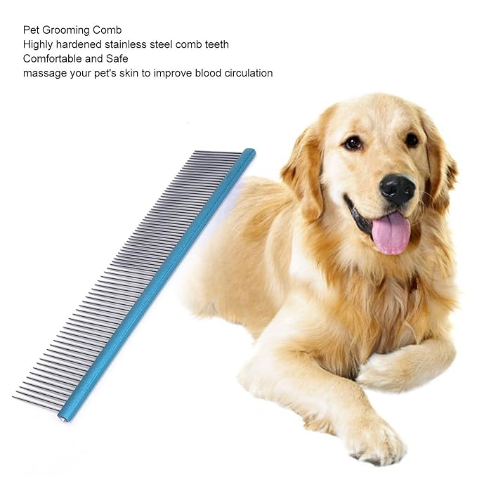 Greyhound Comb For Dogs, Two-In-One Stainless Steel Blue Straight Row Cat Comb Greyhound Comb Dog Comb with Rounded Ends for Long Short Haired Dog
