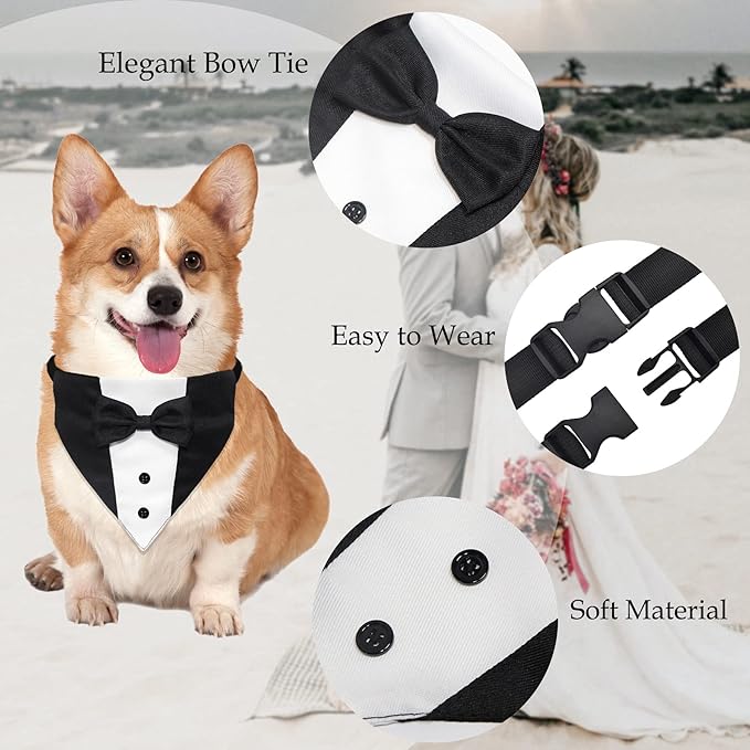 Dog Tuxedo Suit Wedding Bandana Collar with Bow Tie, Adjustable Formal Dog Tux, Engagement Birthday Tuxedo for Small Medium Large Dogs Pets (Small: Neck 12.5”-21”)