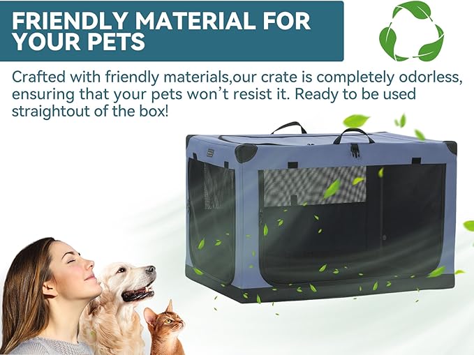 PETSFIT Portable Dog Crate, with Patented Adjustable Fabric Cover, Chewproof & Lockable Mesh Doors, Waterproof Base Collapsible Kennel Blue 36 Inch