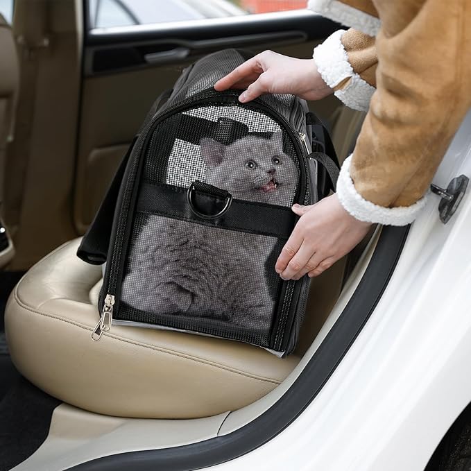 Sweetude 4 Pcs Cat Carrier Soft Pet Carrier for Cat Under 13lbs, 16.9X 11x 7.5 Inch, Soft Sided Foldable Comfortable Portable Carrying Bag for Cat Small Dog Pet Travel (Black, Gray)