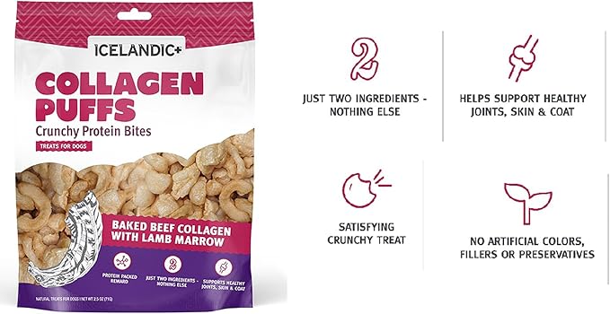 Icelandic+ Collagen Puffs: Baked Beef Collagen with Lamb Marrow 2.5oz - Treats for Med-Lg Dogs, Crunchy Protein Bites