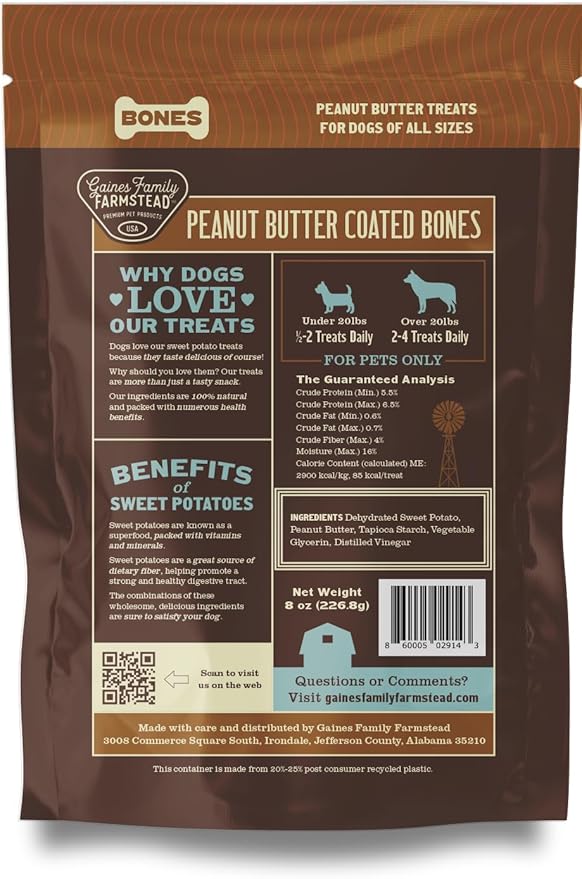 Gaines Family Farmstead Sweet Potato Peanut Butter Coated Bones – Natural Dog Treats, Limited Ingredients, Healthy Snacks for Dogs, Made in USA, 2.5 Pound Bag