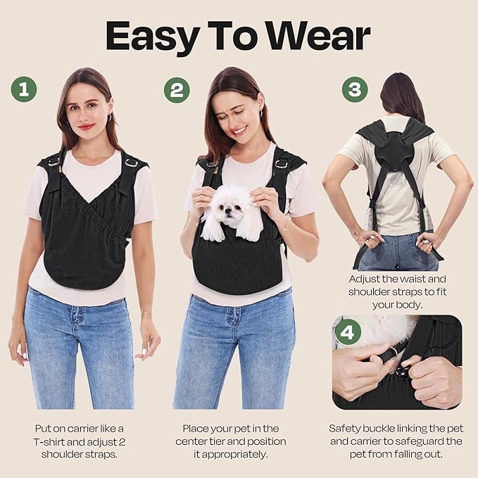 Supet Dog Sling Carrier for Small Dogs, Anti-Anxiety Hands Free Cat Sling Carrier, Soft Cotton Front Facing Dog Carrier, Adjustable Swaddle Wrap, Reducing Back Neck Neck Pain(Regular, Black)