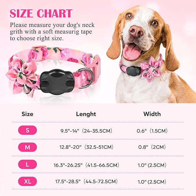 Airtag Dog Collar for Large Dogs, Rose-Pink Dog Collars Girl with AirTag Holder Waterproof Airtag Case, Including Flower Spring Dog Collar Bowtie, for All Female Dogs 