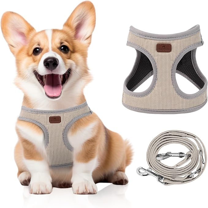 Dog Harness with Multifunction Dog Leash,No Pull Reflective Step-in Harness for Soft Adjustable No Choke Escape Proof,Easy Walk Dog Harness for Medium Dogs (Beige &Grey, L)