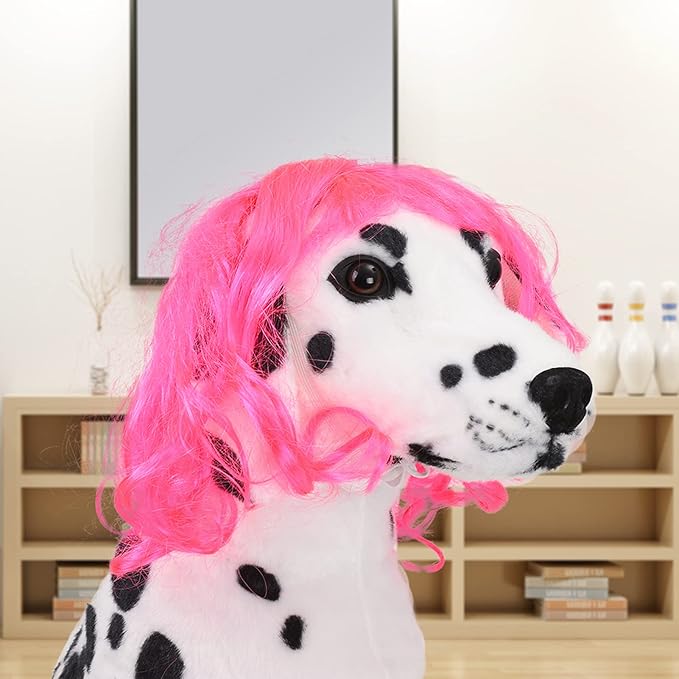 Funny Dog Cat Cosplay Wig, Pet Wigs for Halloween, Christmas, Parties, Festivals, Dog Wigs for Small Medium and Large Dogs(Rose Red Long Curly Hair)