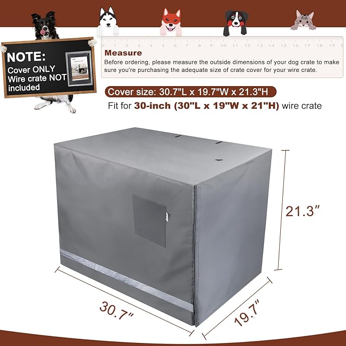 yotache 30" Double Door Dog Crate Cover - 600D Waterproof Polyester Privacy Kennel Cover with Anti-Slip Straps | Machine-Washable Pet Cage Accessories for Indoor/Outdoor (Gray, Crate Not Included)