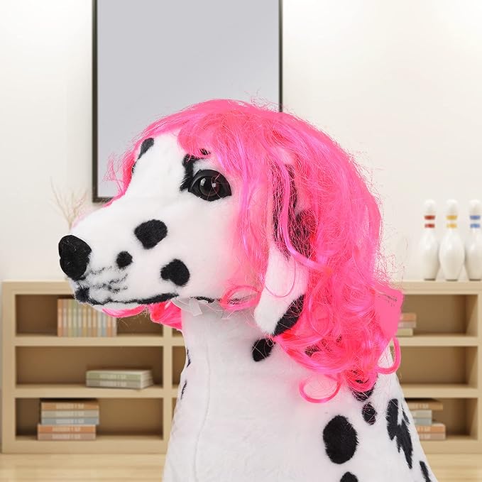 Funny Dog Cat Cosplay Wig, Pet Wigs for Halloween, Christmas, Parties, Festivals, Dog Wigs for Small Medium and Large Dogs(Rose Red Long Curly Hair)