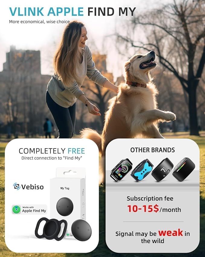 VB GPS Tracker for Dogs (1 Pack), Mini GPS Cat Tracker, Smart Pet Activity Tracker (iOS Only), No Monthly Fee, Compatible with Apple Find My, Anti-Lost, Finder Tag for Vehicles/Pets/Kids/Items