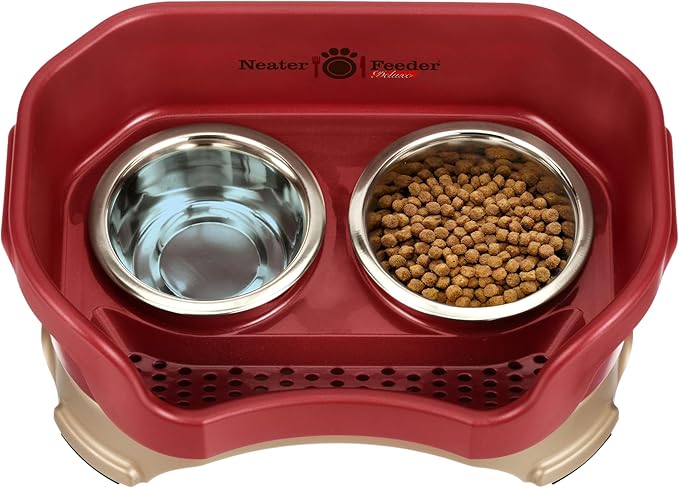Neater Feeder Deluxe Mess Proof Dog Bowls Elevated for Small Breed – Made in USA – No Spill Raised Dog Food Bowl Stand – Stainless Steel Food and Water Bowl Set, Pet Feeding Station, Cranberry