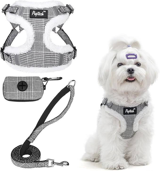 PUPTECK No Pull Dog Harness and Leash Set Reflective No Choke Step in Puppy Halter for XS Small and Medium Sized Dogs, Grey Plaid, Plush, S