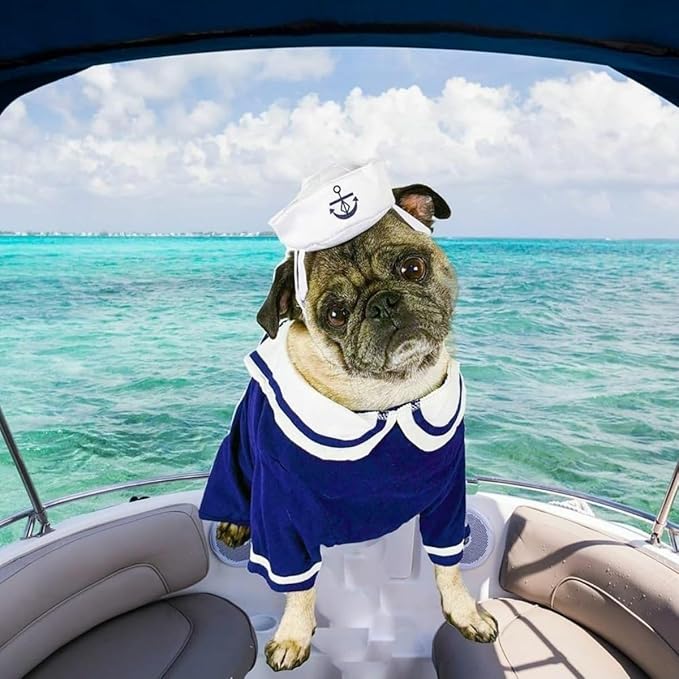 NAMSAN Pet Sailor Costume for Cats Small Dogs Halloween Cat Sailor Hat with Tie Collar Doggy Navy Outfit Cosplay Apparel