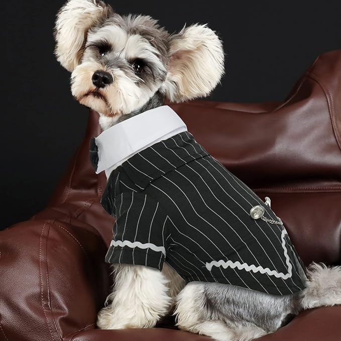 DENTRUN Dog Tuxedo Suit with Bow Tie - Formal Black & White Striped Pet Costume Shirt, Elegant Wedding Outfit Birthday Party Attire for Maltese Dachshund Yorkie Puppies Shih Tzu Small Medium Dogs, M